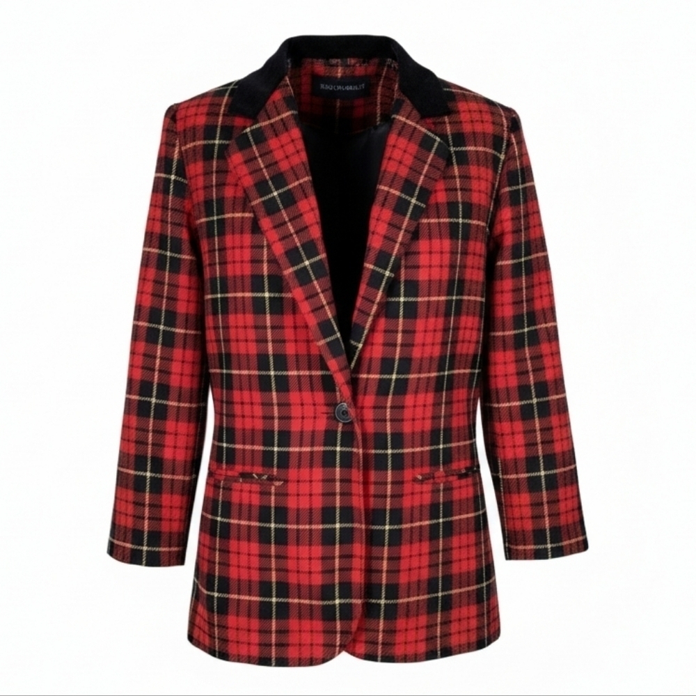 Sag Harbor Womens Blazer Size 12 Red Black Plaid Velour Collar Wool Blend Long